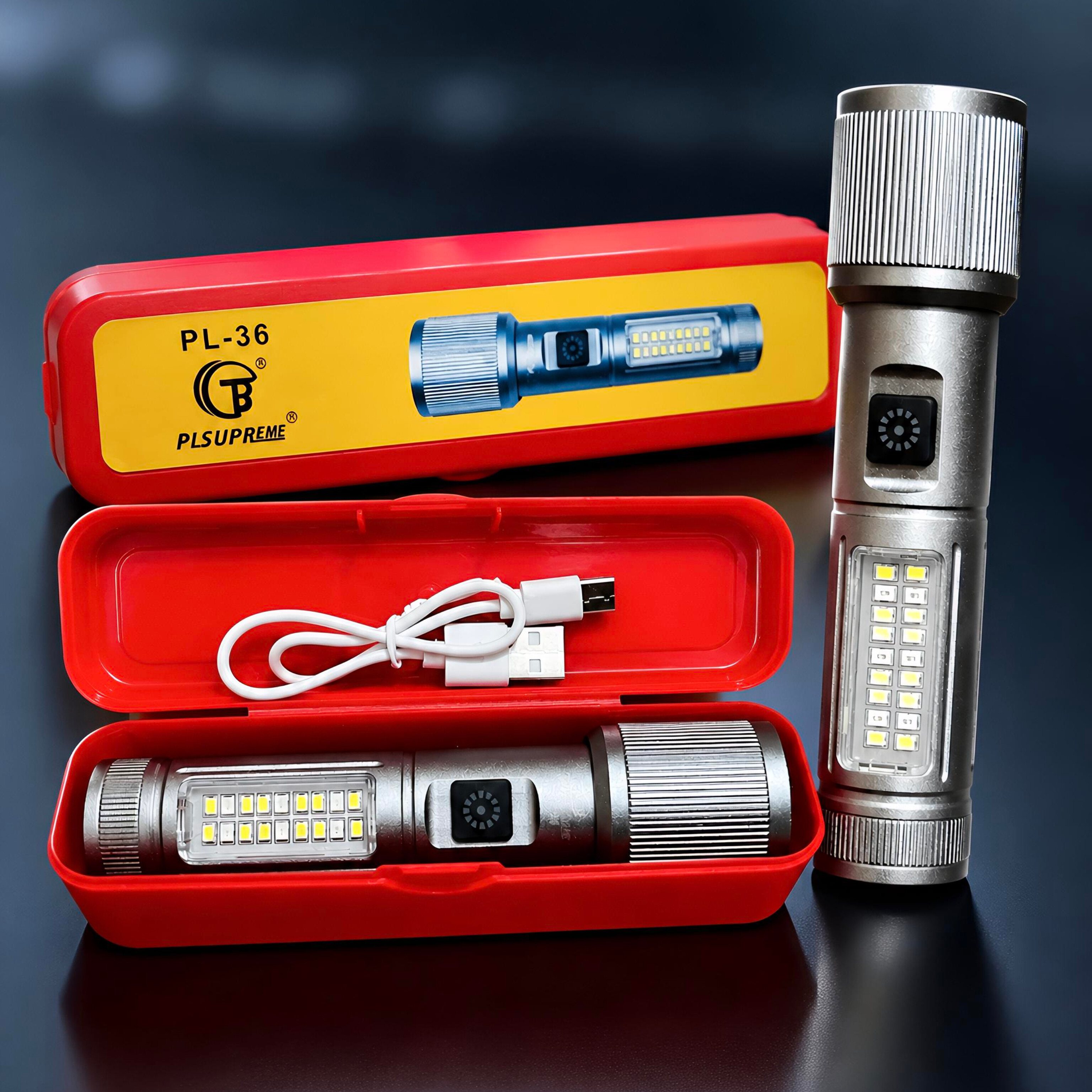 PL-36 High Power Rechargeable LED Zoom Flashlight With Side Light 1800mAh Battery Type C - With Box